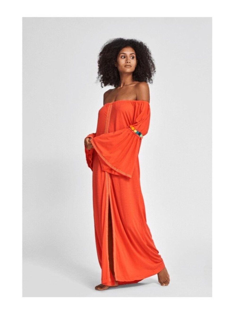 PITUSA Off The Shoulder Gypsy Maxi Dress In Orange One Size Pom Poms Boho Knit - Picture 2 of 16